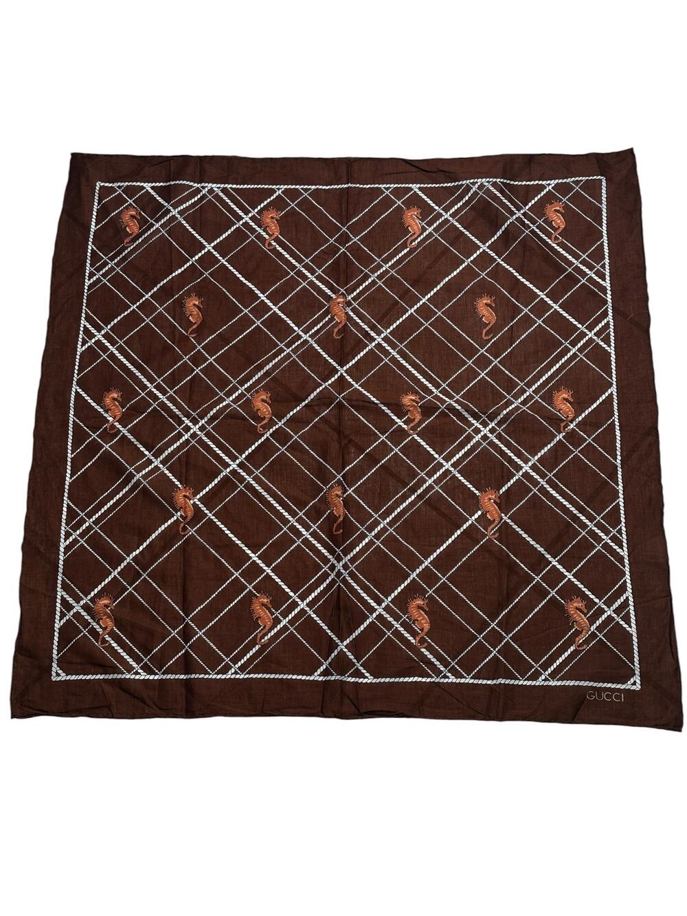 Vintage Gucci Seahorse and Rope Print Brown Square Scarf